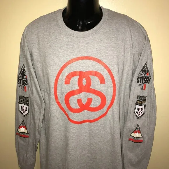 Men's Stussy Logos Long Sleeve Gray T-shirt -Size: XL - Picture 3 of 10